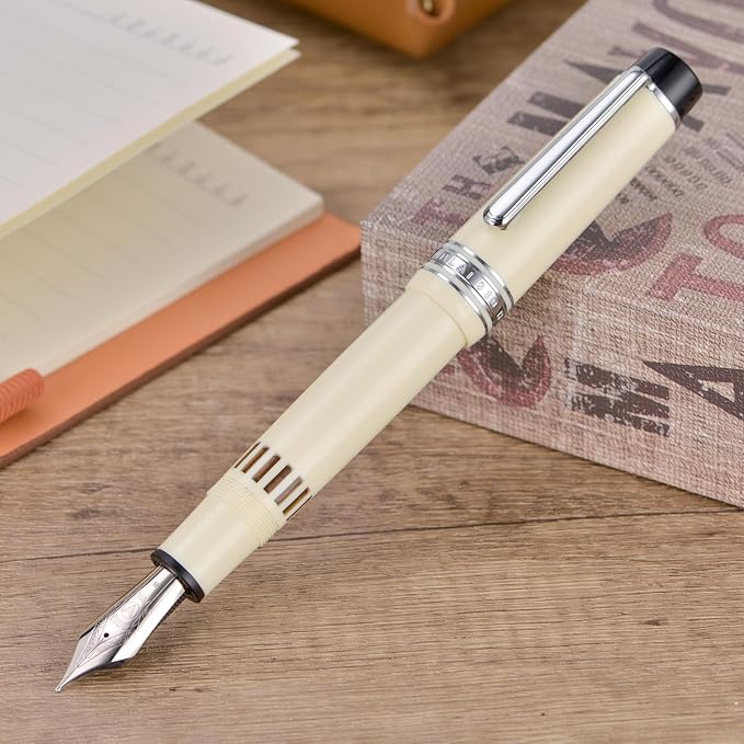 Wikult Yongsheng Junlai 930 Acrylic Fountain Pen, Size 9 Broad Nib with Piston Filling System, Ivory White Fence Ink Tank with Flat Top Design Smooth Writing Pen (Silver Trim)