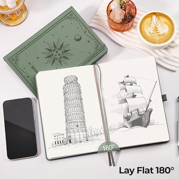 EMSHOI Blank Journal Notebook, 320 Pages, A5 Size (5.7'' x 8.3'') | Leather Hardcover, 100 GSM Thick Paper, Unlined, Plain, for Sketching, Drawing, Painting, Sun Debossed (Green)