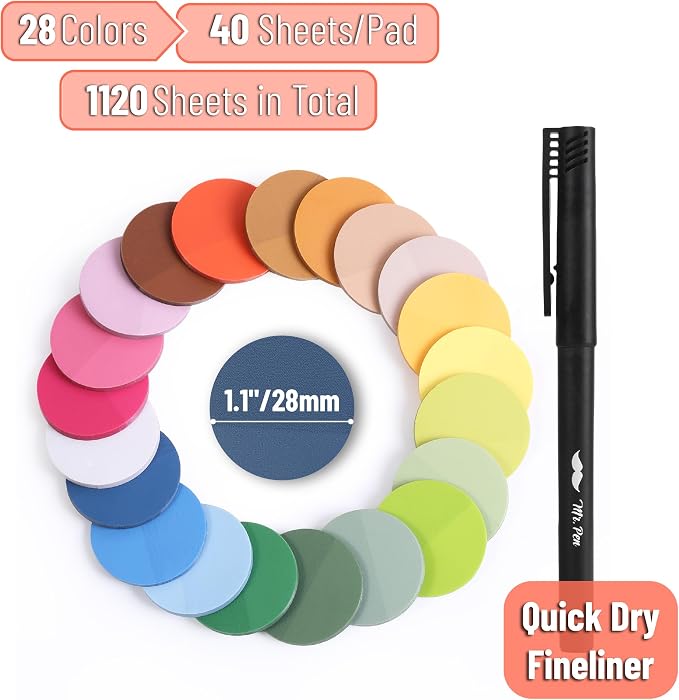 Mr. Pen- Round Transparent Sticky Notes, 1.1” Diameter, 28 Pads | 1120 Sheets, Colorful, Water-Resistant See-Through Sticky Notes Bulk & Fineliner, Smooth Writing