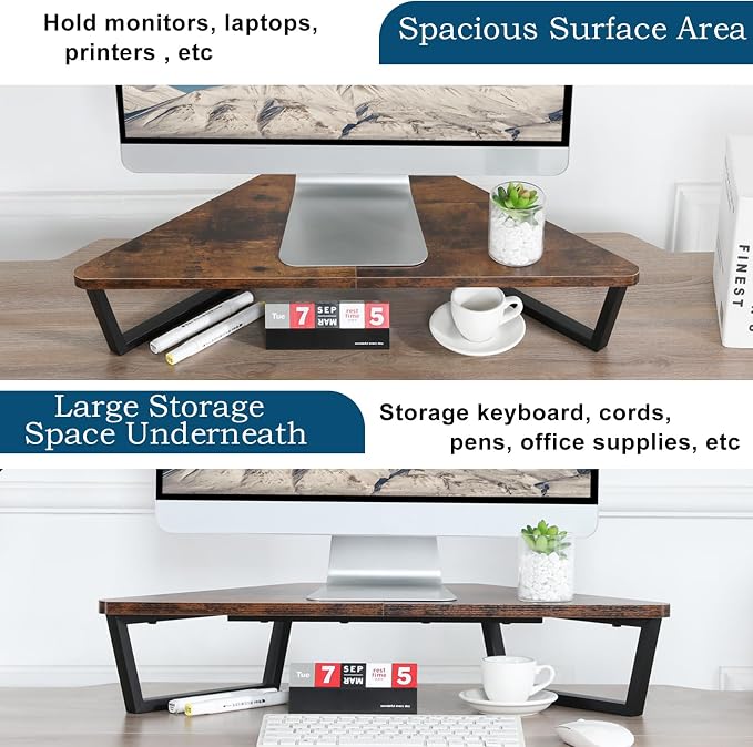 TEAMIX 26 inch Corner Monitor Stand Riser with Keyboard Storage, Espresso | Triangle Monitor Stand, Wood & Metal Computer Stand, Laptop Riser, Desktop Organizer, for L Shaped Desk, Home Office & Gaming