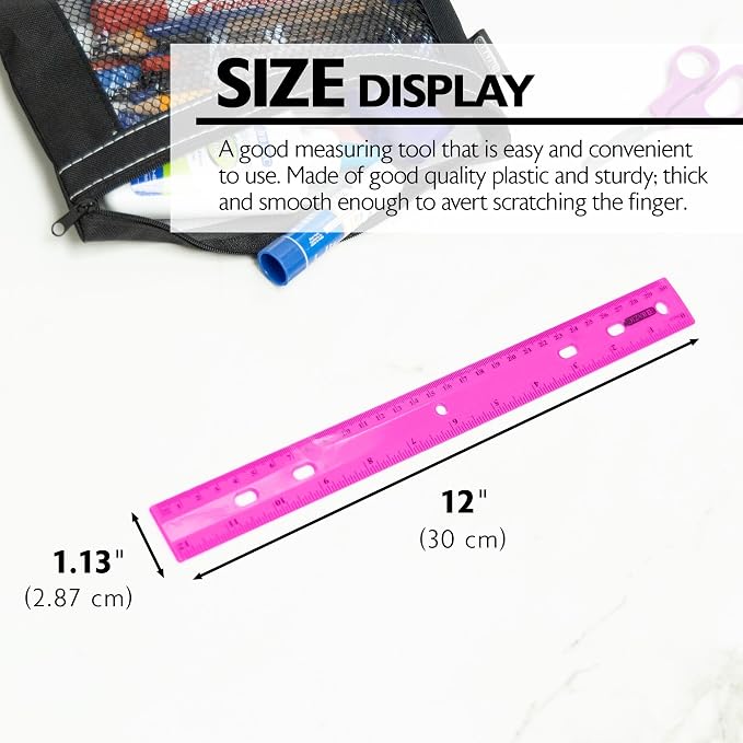 BAZIC Products 12 in Jeweltones Color Ruler, Inch & Metric, 4 Pack, 2-Pack | Four Jeweltones color plastic ruler, 12 in (30 cm), clear inch and centimeter marks for measuring and drawing straight