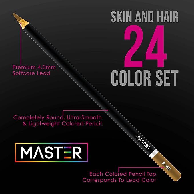 Mastermarkers Master 24 Colored Pencil Skin and Hair Tone Set with Premium Soft Thick 4 mm Cores - Unisex