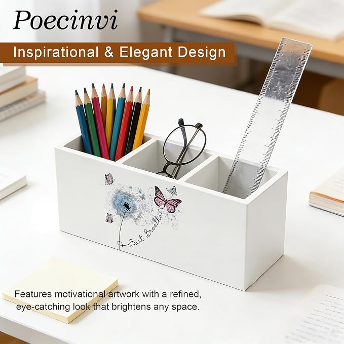 Just Breathe Mental Health Pen Holder for Home Office Desk, Therapy Office Decor, Blue Dandelion Butterfly Inspirational Wooden Box Sign Pencil Holder for Desk Shelf Organizer