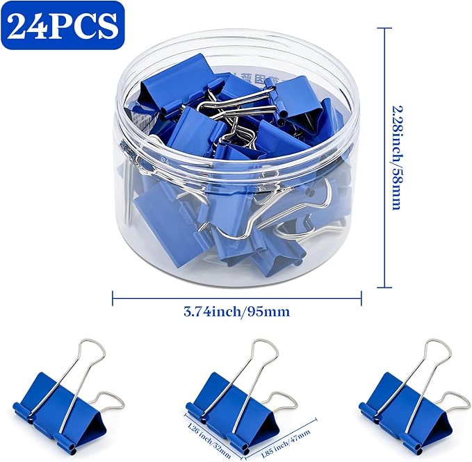 Temiary 24 Pcs Binder Clips, 1.26 Inch Medium Metal Binder Paper Clip with Container, Blue Paper Clamps Bulk for Office, Home, School Supplies