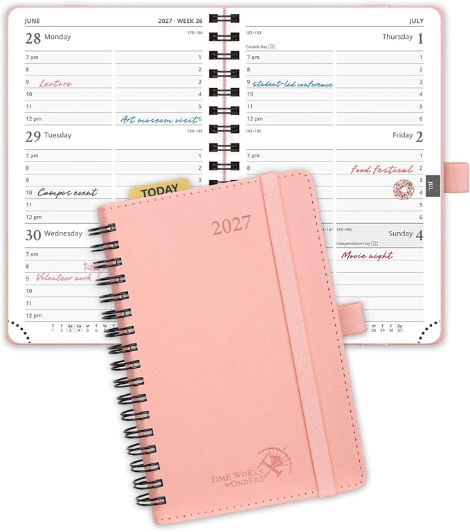 POPRUN 2027 Pocket Planner (Small-4'' x 6.25'') Weekly and Monthly Calendar | 2027 Agenda(Jan - Dec) Appointment Book with Hourly Time Slots, Monthly Tabs, 100GSM, Spiral Leather Cover - Pink