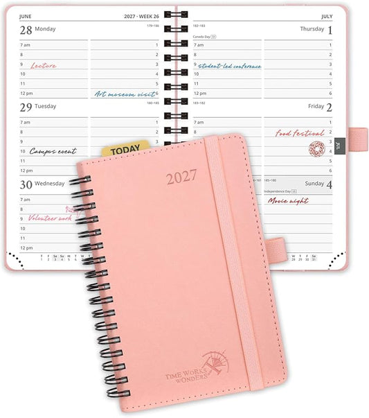 POPRUN 2027 Pocket Planner (Small-4'' x 6.25'') Weekly and Monthly Calendar | 2027 Agenda(Jan - Dec) Appointment Book with Hourly Time Slots, Monthly Tabs, 100GSM, Spiral Leather Cover - Pink