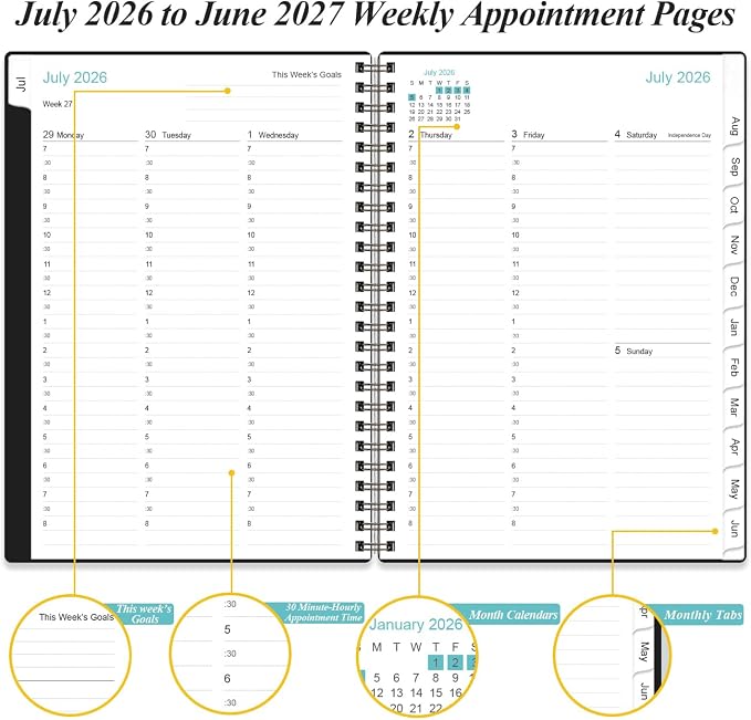 2026-2027 Appointment Book & Planner - Hourly Planner from July 2026 - June 2027, Weekly Appointment Book 2026-2027 with 30-Minute Interval, 6.4" x 8.5", Black