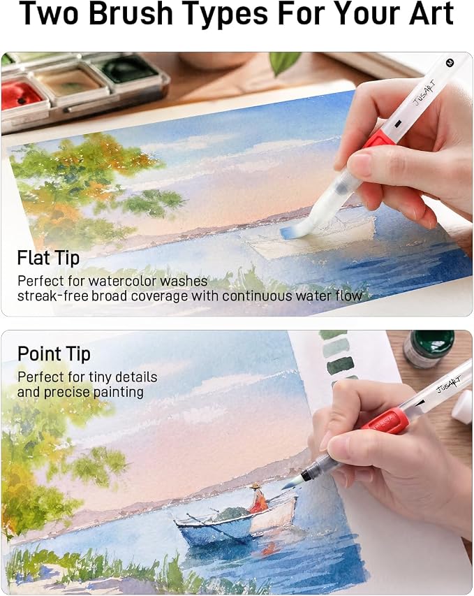 JusArt Water Brush Pens 6-Pack Leak-Proof Refillable Watercolor Pens for Acrylic and Gouache Painting - Includes Pointed & Flat Tip Styles - Portable Water Brushes for Artists, Beginners, Adults
