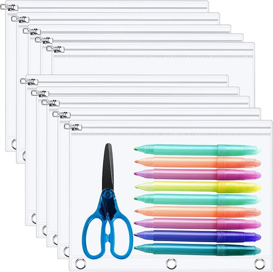 Lincia 10 Pack Clear Pencil Pouch for 3 Ring Binder Pencil Case with Zipper 3 Ring Binder Pocket Insert Bag 10 x 7'' Visible Cash Envelope with Re-enforced Grommet for Office (Clear)