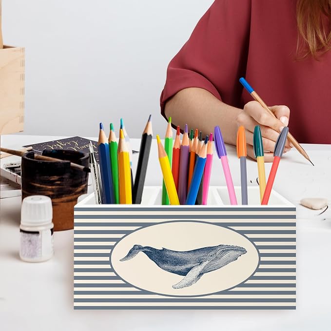 Coastal Beach Whale Pen Pencil Holder Organizer for Desk, Beach Office Decor, Blue Striped Marine Biology Ocean Wooden Box Signs Decorations for Home Office Desk Tabletop, Whale Gifts