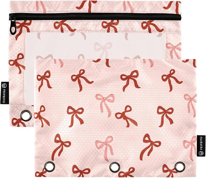 Cute Red Bows Pink Pencil Pouch for 3 Ring Binder 2 Pack Zipper Binder Pencil Bag with Clear Window Pencil Case for Office Supplies