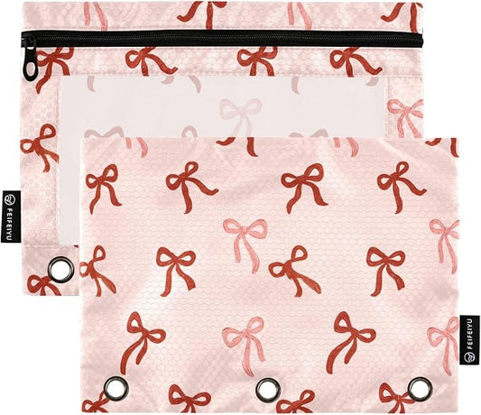 Cute Red Bows Pink Pencil Pouch for 3 Ring Binder 2 Pack Zipper Binder Pencil Bag with Clear Window Pencil Case for Office Supplies