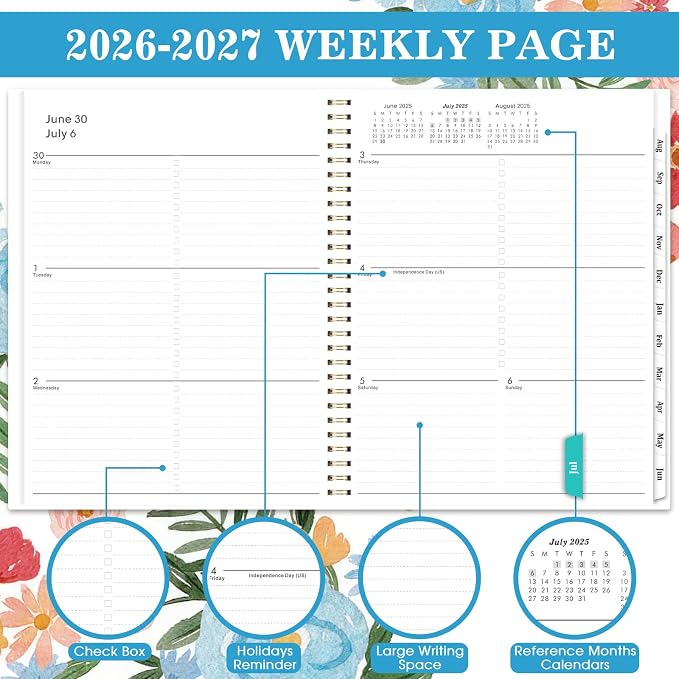 Planner 2026-2027 - 2026-2027 Planner Weekly and Monthly, July 2026 - June 2027, 9" x 11", Academic Planner 2026-2027, Calendar Planner, Printed Tabs, Holidays, Twin-wire Binding