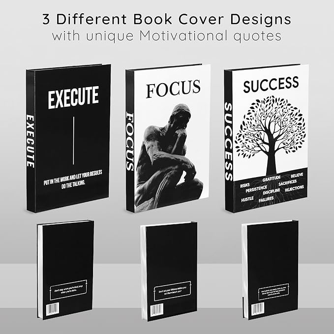 Motivational Decorative Books Set of 3 - Faux Books for Home Office Decor | Black white fake books for decoration with magnetic hidden storage box for office desk, coffee table, bookshelf, tv stand