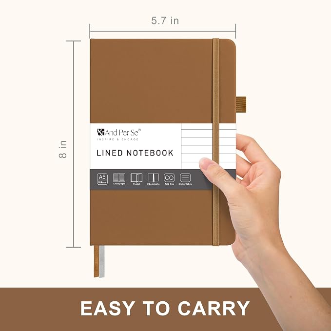 &And Per Se Lined Journal Notebook – A5 5.7”x8” College Ruled, 160 Pages, 100gsm Thick Paper, Journaling Notebooks for Writing (Light Brown)