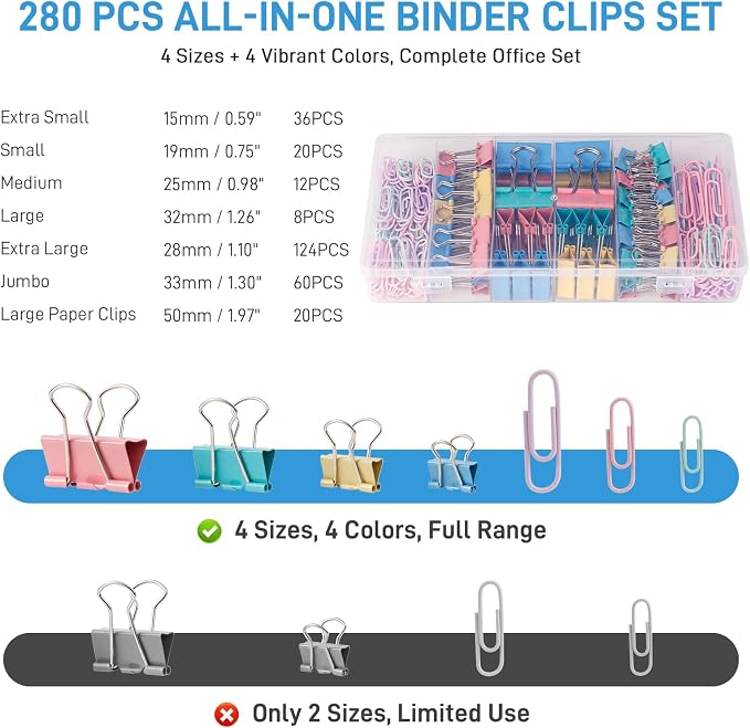 280 PCS Colored Binder Clips & Paper Clips Assorted Sizes, Paperclips Large Medium Small, 2-in-1 Combo Set with Storage Case, Office Supplies for Home, School, Business Organization