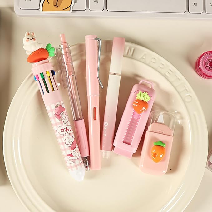 MOZXIRZ 6 Pcs Cute Rabbit Carrot Stationery Set for Women Back to School Supplies Office Supplies Including Gel Ink Pens Ballpoint Pens Pencil Eraser (Carrot)