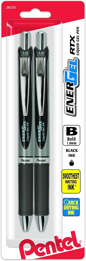 Pentel Energel RTX Retractable Liquid Gel Pen, Bold Line, Metal Tip, Black Ink Pack of 2 (BL80BP2A)