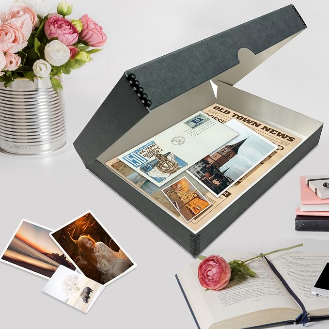 Lineco Clamshell Archival Storage Box, 9.5x12.5x1.75 Inch, Gray, Pack of 2 | Acid-Free with Metal Edge Boxboard, Organize and Store Photos Documents Cards Negatives Magazine Prints Family Records DIY