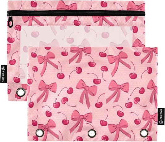 Pink Bow Cherry Pencil Pouch for 3 Ring Binder 2 Pack Zipper Binder Pencil Bag with Clear Window Pencil Case for Office Supplies