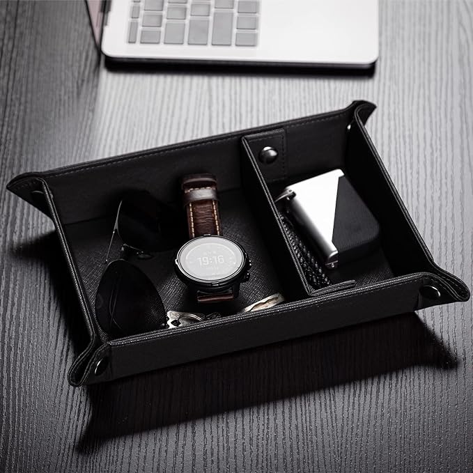 Valet Tray for Men PU Leather Tray Organizer with Partition Luxurious | Night Stand During Trays Storage Keys, Watch & Practical Storage for Table Nightstand Living Room Bedroom (Black)