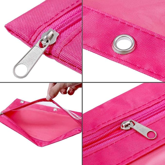 Zippered Pen Pencil Binder Pouch | 3 Rings with Clear Window for School Classroom Organizers 8 Pcs (rose red)