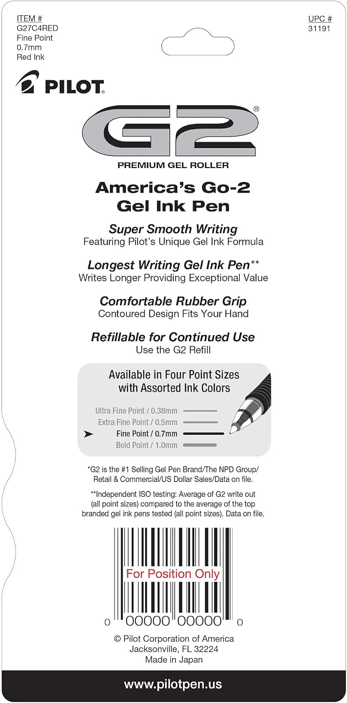 PILOT G2 Premium Gel Roller Pens,Fine Point 0.7 mm,Red Pens - Ideal for School,Journaling & Office Writing,(Pack of 8)