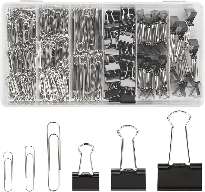 500PCS Paper Clips and Binder Clips Assorted Sizes,3 Sizes in One Pack, Large, Medium, Small,Silver PaperClips & Black Binder Clips for Home, School, Office Supplies