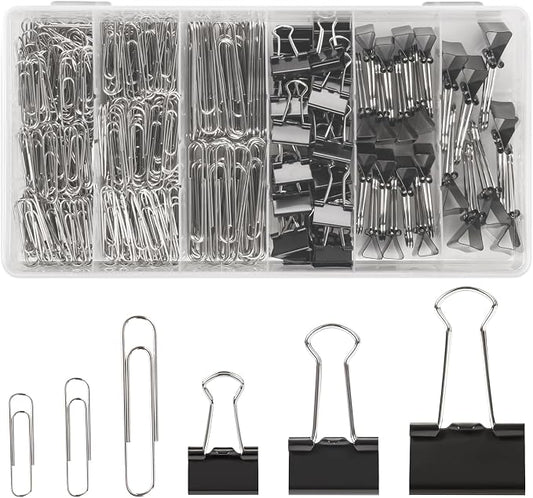 500PCS Paper Clips and Binder Clips Assorted Sizes,3 Sizes in One Pack, Large, Medium, Small,Silver PaperClips & Black Binder Clips for Home, School, Office Supplies