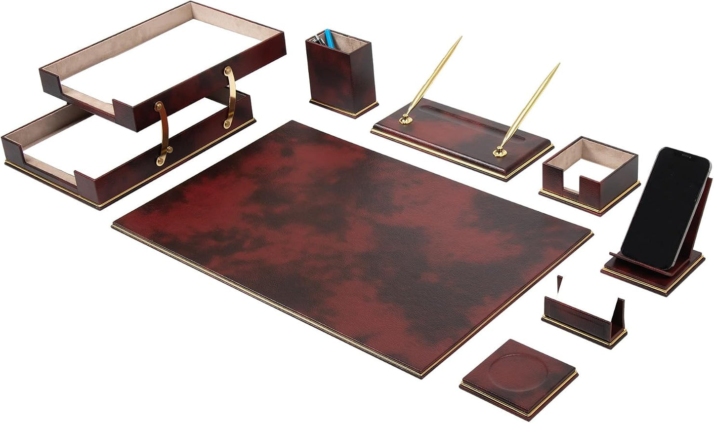 Cloud Luxury Leather Desk Set – 10 Piece Executive Desk Organizer with Desk Pad, Double Document Tray, Pen Holder, Memo Holder, Business Card Holder & Phone Stand – Gold Office Accessories (Burgundy)