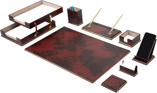 Cloud Luxury Leather Desk Set – 10 Piece Executive Desk Organizer with Desk Pad, Double Document Tray, Pen Holder, Memo Holder, Business Card Holder & Phone Stand – Gold Office Accessories (Burgundy)
