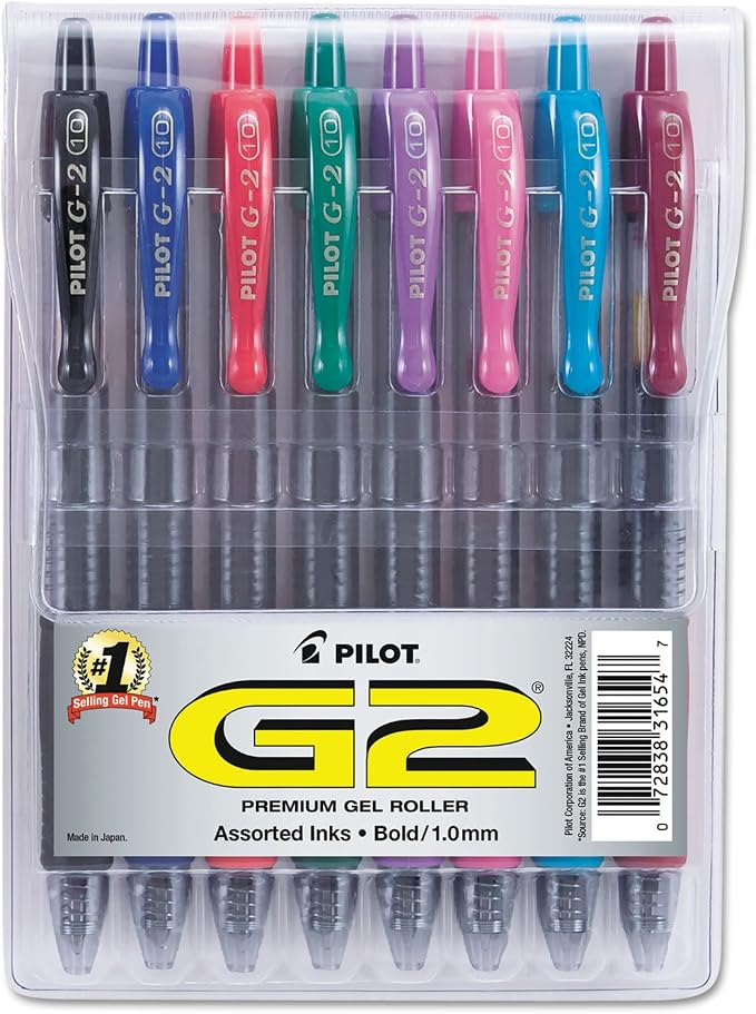 Pilot G2 Premium Retractable Gel-Ink Rolling Ball Pens, Bold Point (1.0mm), 1.0 Gel Pens, Assorted, 8-Pack - Ideal for School, Journaling, & Office Writing