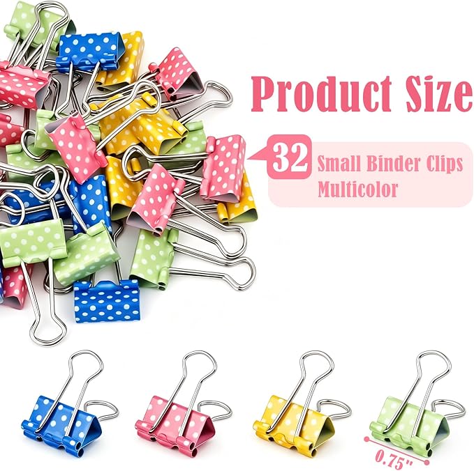 BAYTORY 32Pcs Polka Dot Binder Clips, 3/4 Inch (19 mm) Small Binder Clips | Colored Paper Clamps, Paper Clip for School Teachers Office Supplies (Yellow, Green, Blue, Pink)