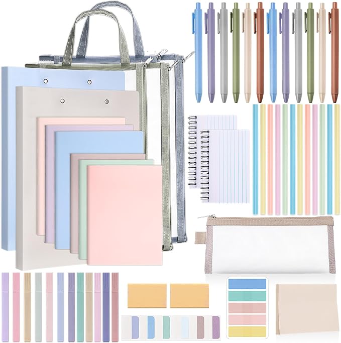 Colarr 54 Pcs Aesthetic College School Supplies Back to School Set,Morandi | 3 A5 + 3 B5 Lined Notebook, 12 Gel Pen, 12 Pencil, 12 Highlighter, Sticky Tabs, Folder Storage Bag, Journal Stationery Set