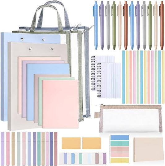 Colarr 54 Pcs Aesthetic College School Supplies Back to School Set,Morandi | 3 A5 + 3 B5 Lined Notebook, 12 Gel Pen, 12 Pencil, 12 Highlighter, Sticky Tabs, Folder Storage Bag, Journal Stationery Set