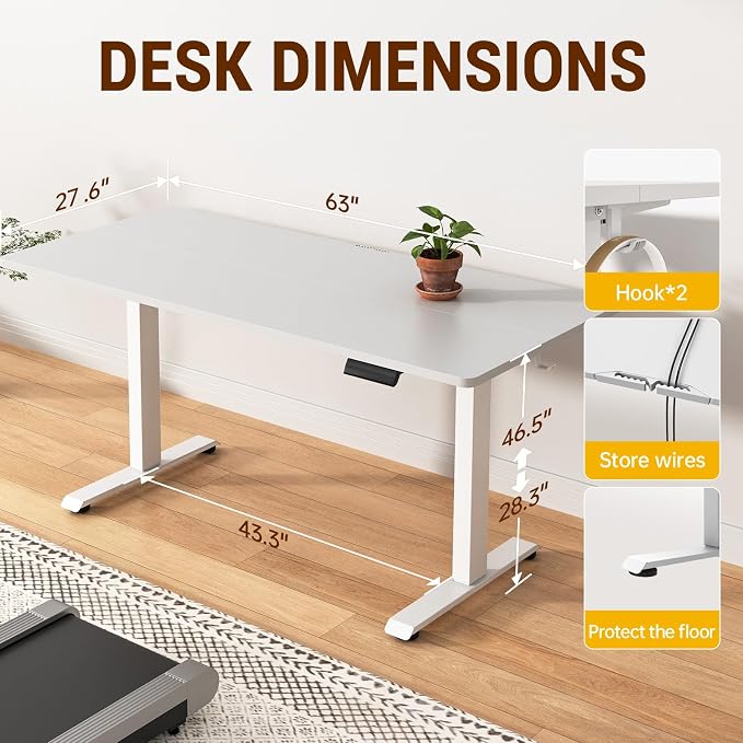 Veken 63×27.6 Inch Large Electric Standing Desk, Gaming Table, White | Height Adjustable Sit Stand Up Computer Tables for Home Office, Study , Writing, Suit students, employees and group work