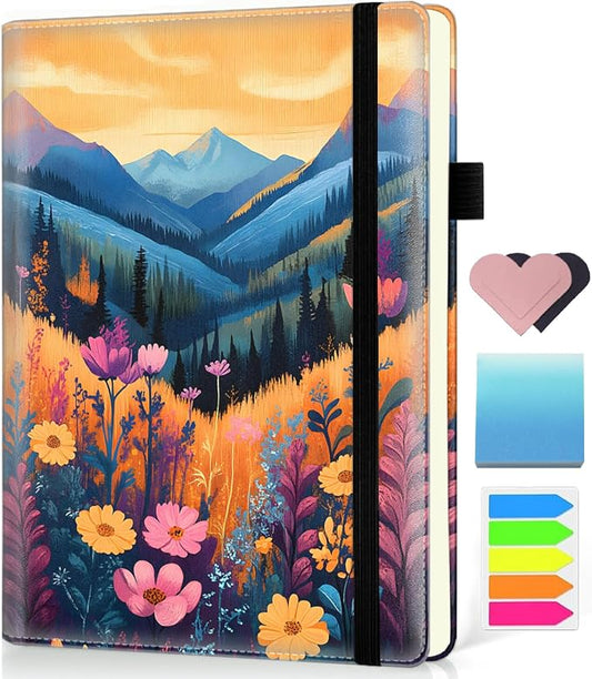 Hardcover Executive Notebooks, A5 PU Leather Lined Journal Notebook, 200 Pages Thick Paper Subject Notebooks for School,Work,Home Writing Business Notebook, Diary Book ，Mountains and Flowers