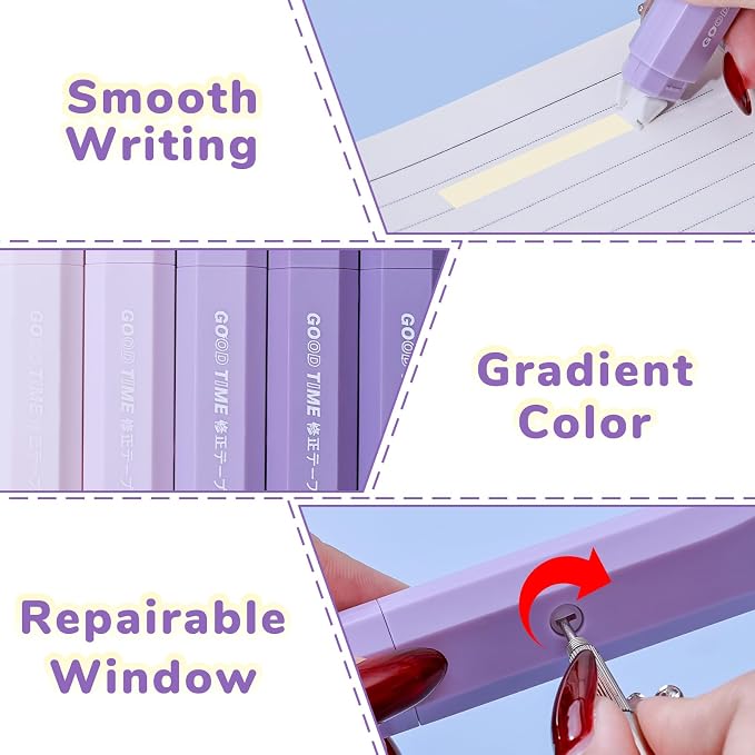 Temiary 5Pcs Beige Correction Tape, Cream Core Pull Out White Tape, Purple | 0.19 In × 19.6 Ft, Smooth Aesthetic Applicator for Wrong Writing School Office Supplies