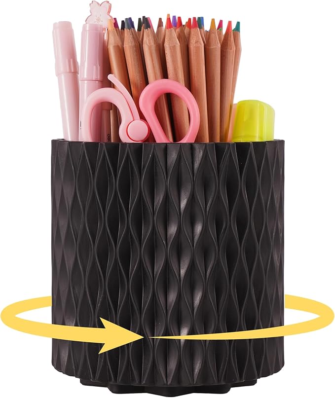 Black Pen Holder for Desk, 360° Rotating Pencil Organizer, 5 Slots | Spinning multi-use organizer for pens, makeup brushes, art supplies, markers - desk caddy for office