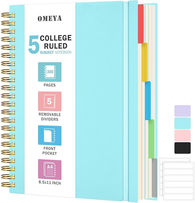 Spiral Notebook 8.5" x 11", 5 Subject Notebooks College Ruled with Dividers | 300 Pages 100GSM Thick Spiral Writing Journal for Women & Men, Large A4 Lined Journal Notebooks for Work, School Supplies