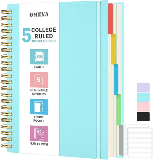 Spiral Notebook 8.5" x 11", 5 Subject Notebooks College Ruled with Dividers | 300 Pages 100GSM Thick Spiral Writing Journal for Women & Men, Large A4 Lined Journal Notebooks for Work, School Supplies