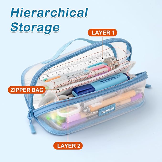 CICIMELON Transparent Mesh Pencil Pouch with Handle Big Case Clear Pen Bag College Essentials School Supplies, Light Blue