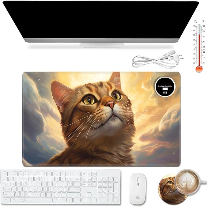 Heated Desk Pad Mouse Pad,Heated Desk Mat,with 3 Heating Levels & 3 Hours Auto Shut-Off,Leather 23.6"*14.2" Gaming Mouse Laptop Mat,Foot Warmer,Orange Cat Sky