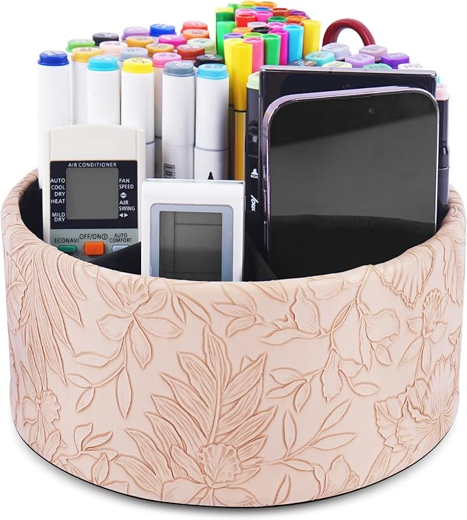 Remote Control Holder, 360°Spinning PU Leather Desk TV Remote Caddy,Desk Storage Box Room Accessories for Controller, Media,Mail,Calculator, Mobile Phone,Pencil(1-Carved Light Brown)
