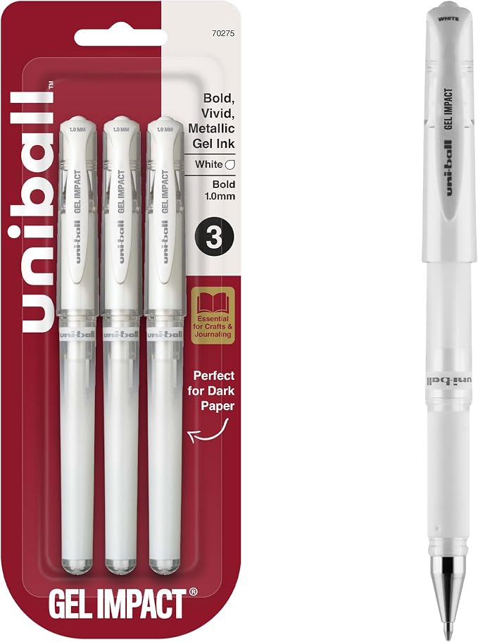 uniball Signo Gel Impact Pens, Bold Point (1.0mm), White Metallic Ink, 3 Pack