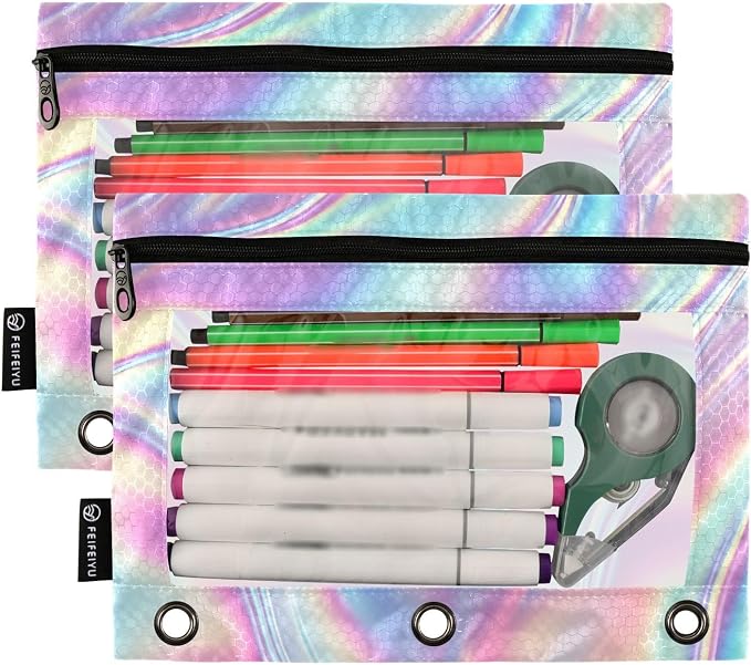 ALAZA Pencil Pouch for 3 Ring Binder, Holographic Rainbow Gradient Swirl Tie Dye Binder Pencil Pouches with Clear Window Zipper Pencil Case Cosmetic Bags for Office College Supplies, 2PCS