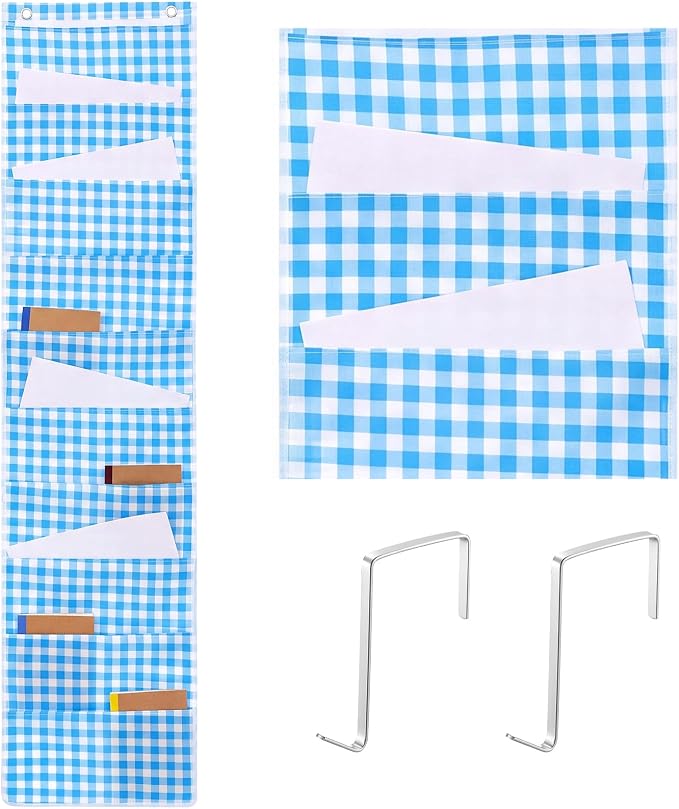 MotiMind 10 Blue Plaid Pockets Wall Hanging File Folders File Storage Pocket Chart for Classroom Hanging Wall Organizer with 2 Over The Door Hangers, 58" x 14" for School Classroom Office Home