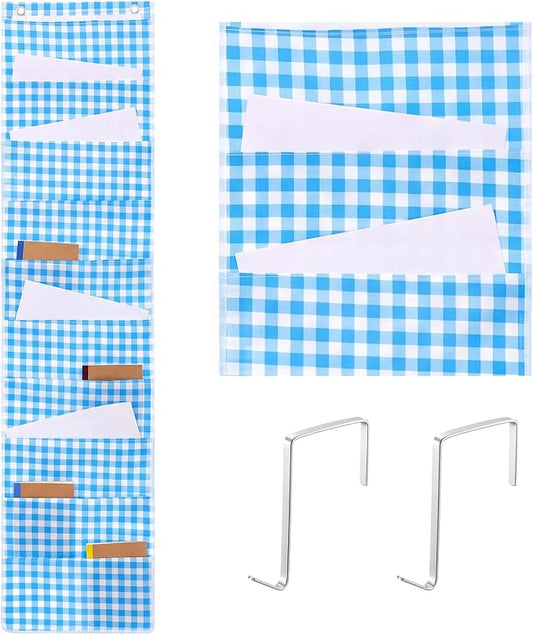 MotiMind 10 Blue Plaid Pockets Wall Hanging File Folders File Storage Pocket Chart for Classroom Hanging Wall Organizer with 2 Over The Door Hangers, 58" x 14" for School Classroom Office Home