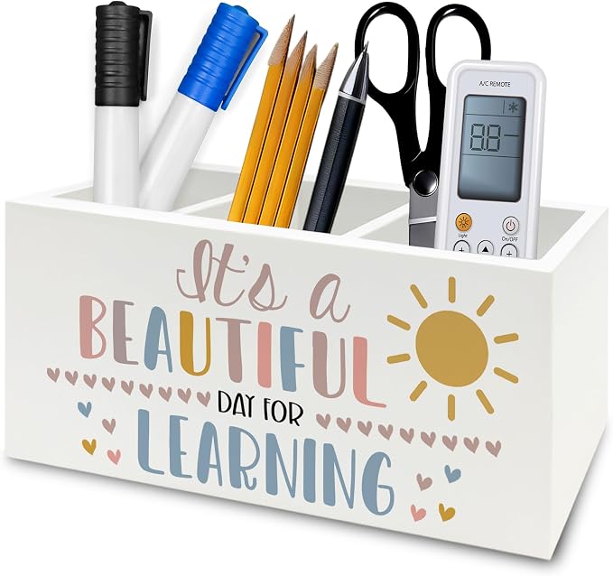 Boho Classroom Pen Pencil Holder Organizer for Desk, It's a Beautiful Day for Learning Wooden Box Signs Decorations for Home Office Desk Tabletop, Boho Classroom Decor