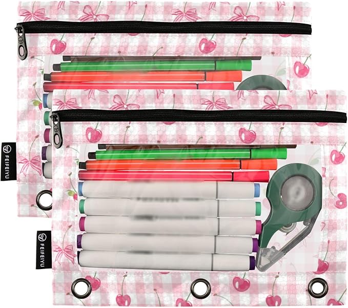 Binder Pencil Pouches Bow and Cherry Pen Case | Clear Window 3 Rings, Cosmetic Bags School Office Supplies Cosmetic Makeup Bag 2 Psc